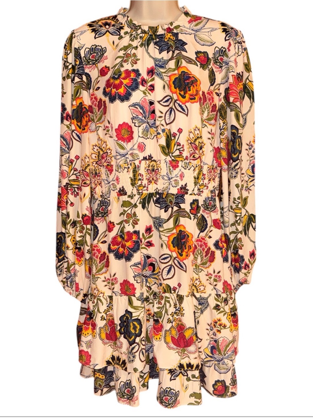 Adrianna Papell Cream Floral Print Mini Dress with Bishop Long Sleeves, Size 10